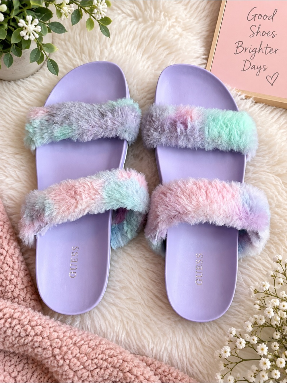 GUESS Lilac Slide Sandals with Pastel Multi-Color Faux Fur